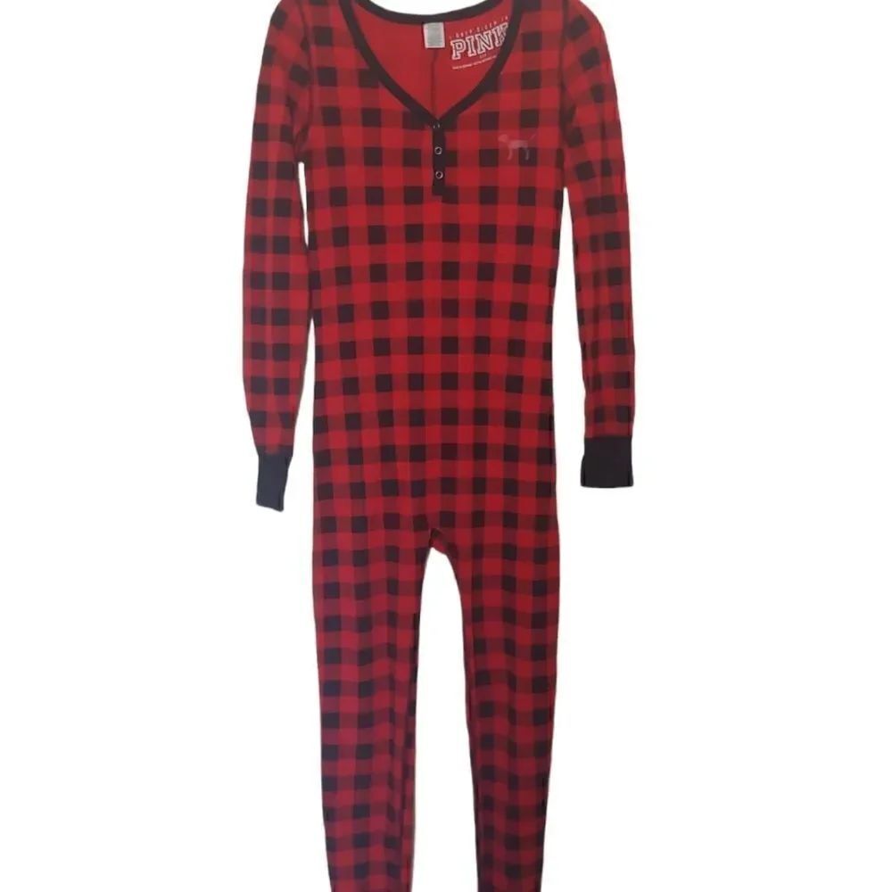 PINK Victoria's Secret Long Sleeve Thermal Buffalo Plaid Trap Door Pajamas Small